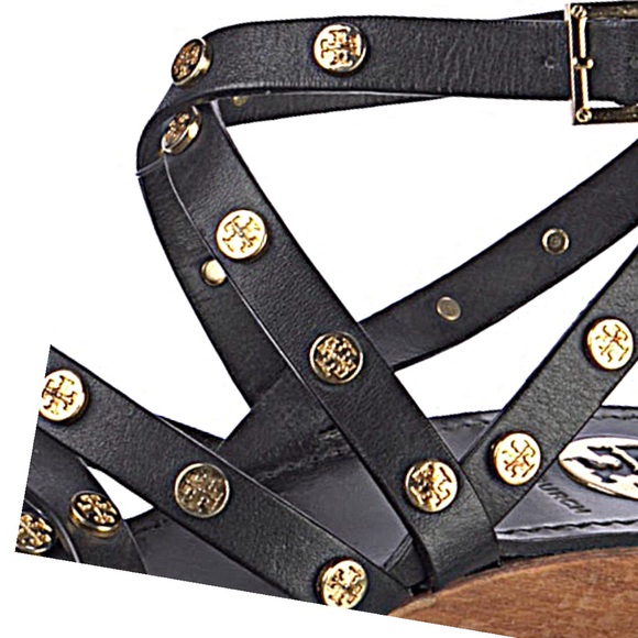 Tory Burch Women's Black Leather Studded Wedge Sandals - Picture 3 of 4